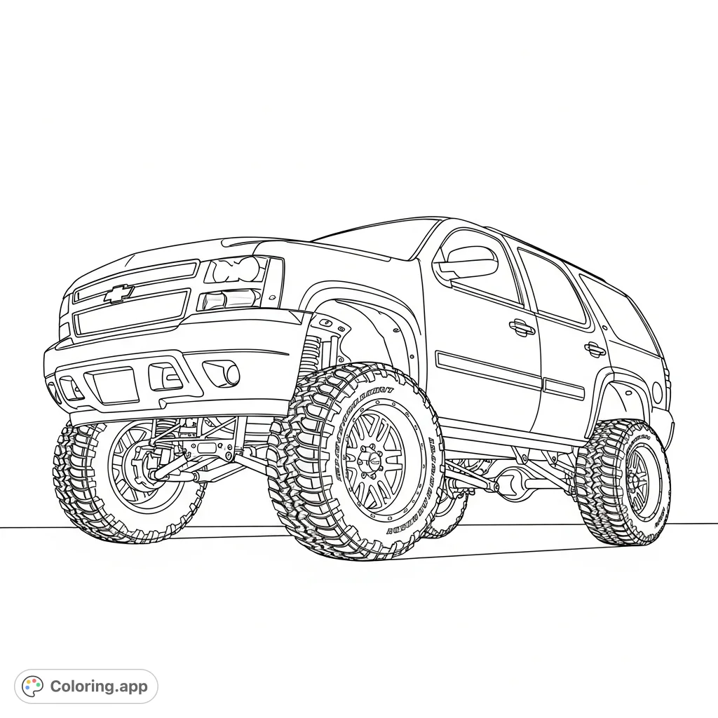 Explore a detailed lifted Chevrolet Tahoe coloring page, featuring a distinctive rear-high stance, large off-road tires, and visible suspension.