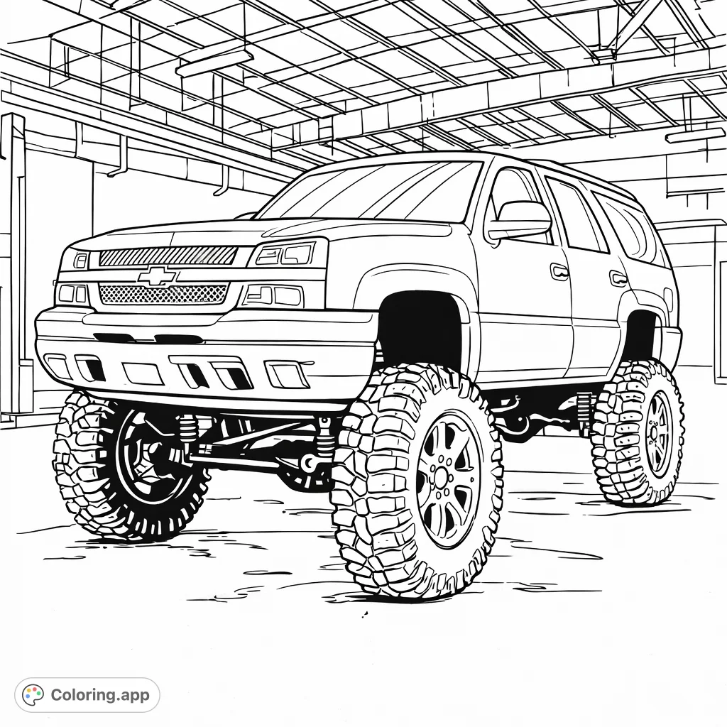 Color a powerful lifted SUV, featuring aggressive tires and a robust design. Perfect for automotive enthusiasts and those who love detailed vehicles.