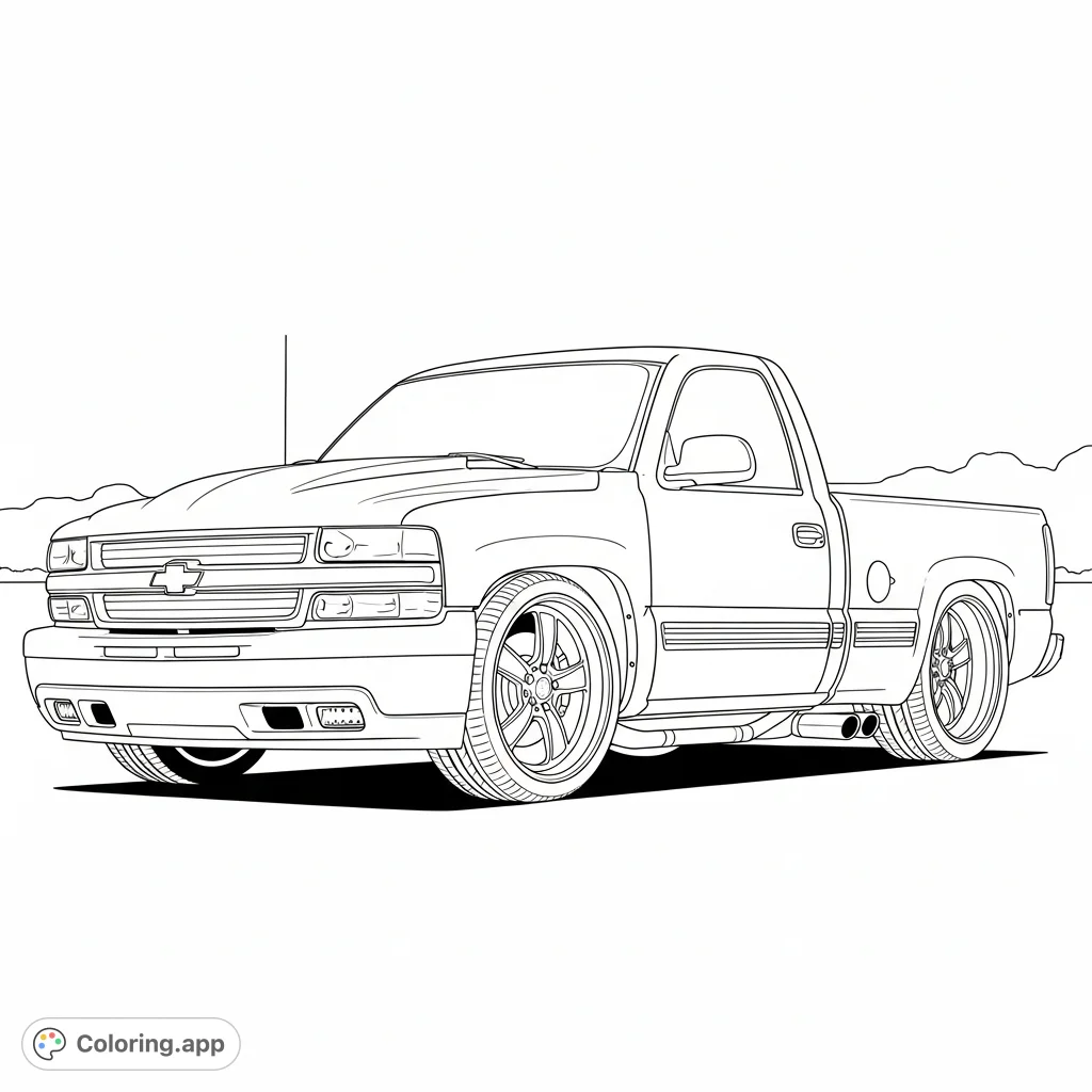 Color a detailed 1999 Chevrolet Silverado single cab truck with a distinct squatted stance and custom wheels. Perfect for truck enthusiasts and automotive fans.