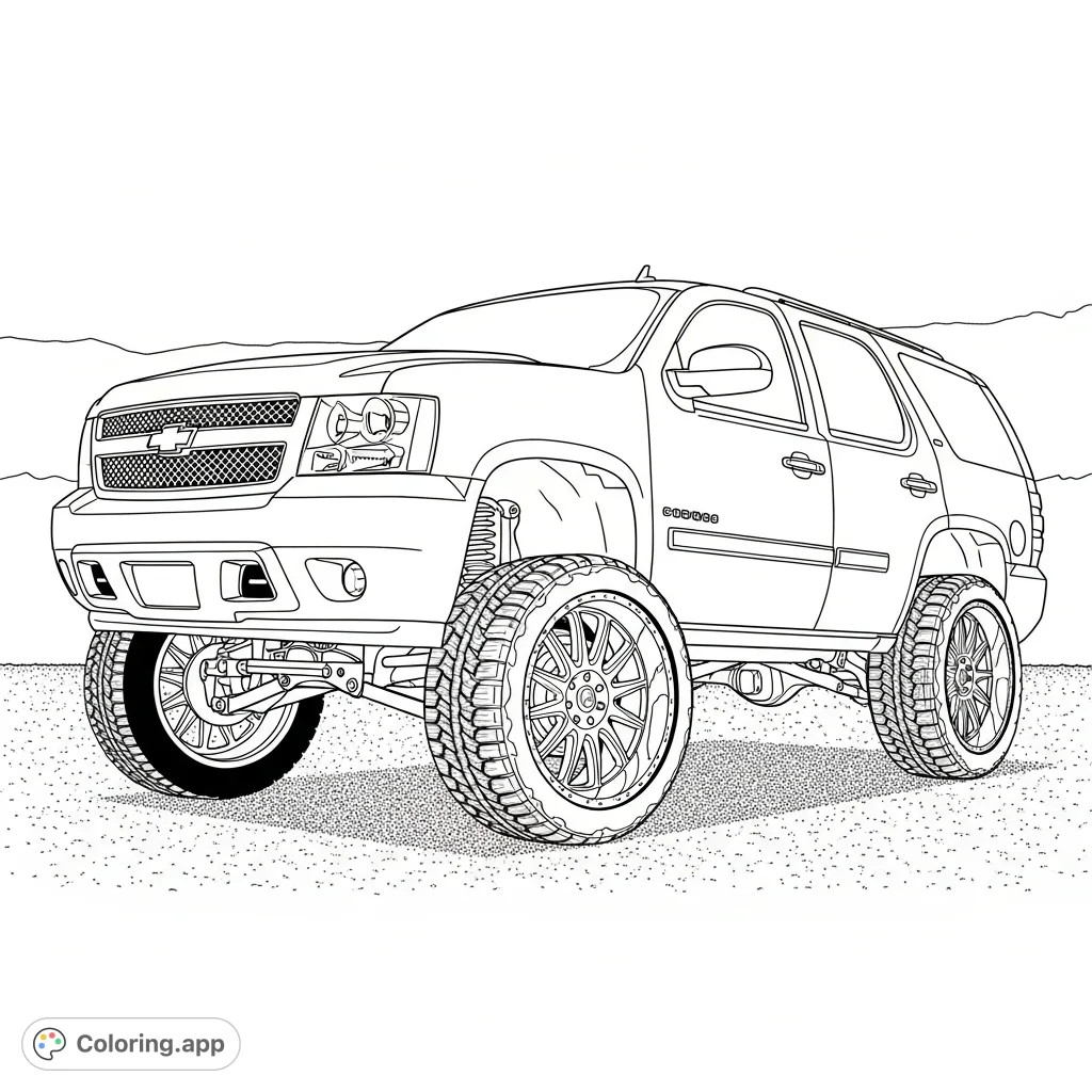 Capture the unique stance of a 2007 Tahoe with a 6-inch front lift and lowered rear, showcasing impressive 26-inch rims in this custom vehicle coloring page.