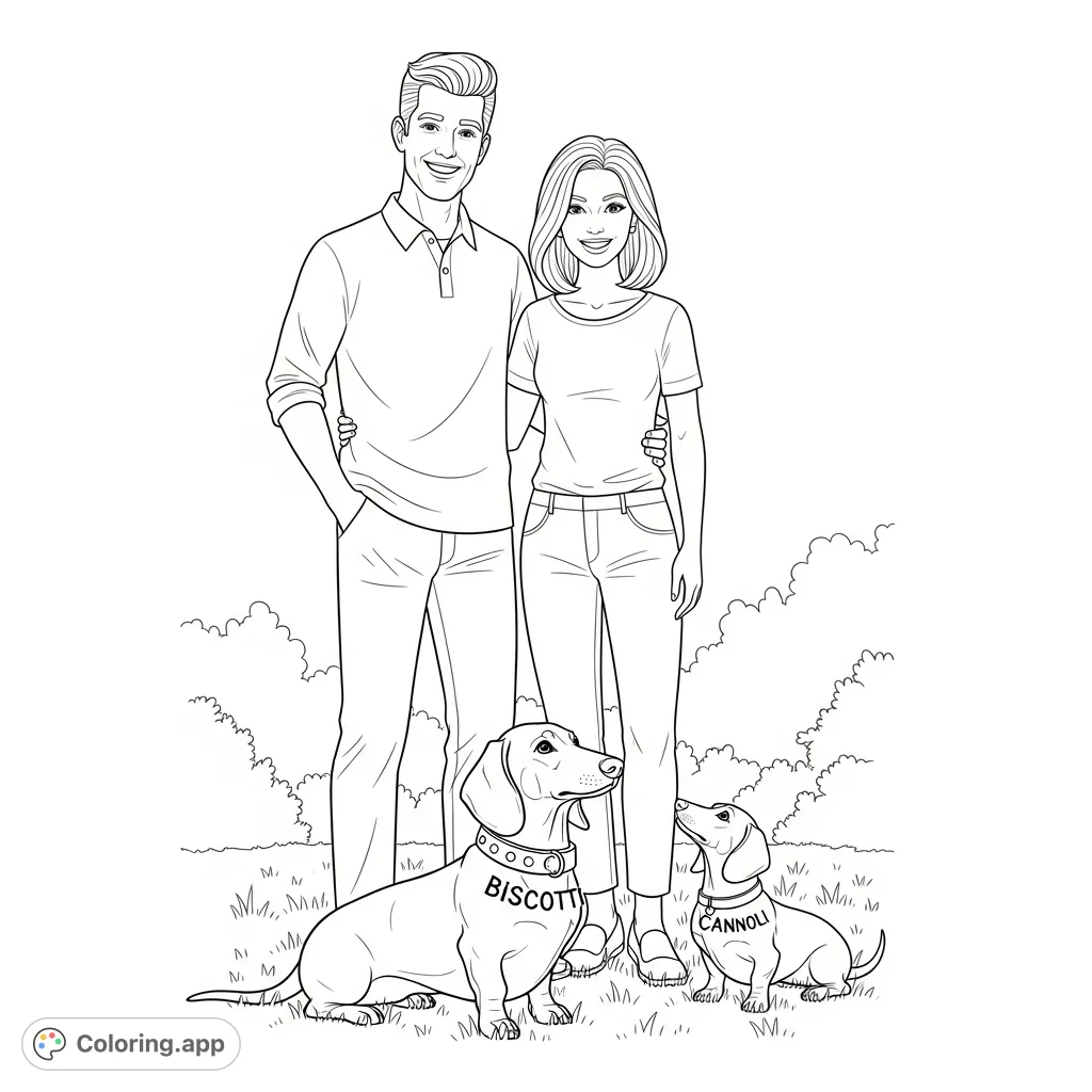 A heartwarming scene featuring a happy couple and their two adorable wiener dogs, Biscotti and Cannoli, enjoying an outdoor moment. Perfect for family fun.