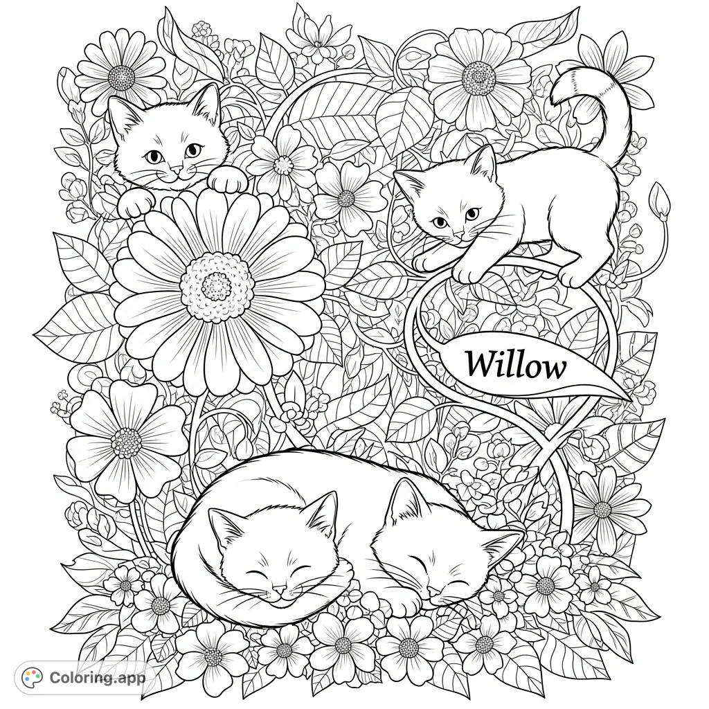 Discover adorable kittens playing amongst beautiful flowers with the name 'Willow'. A delightful scene for all ages to bring to life with color!