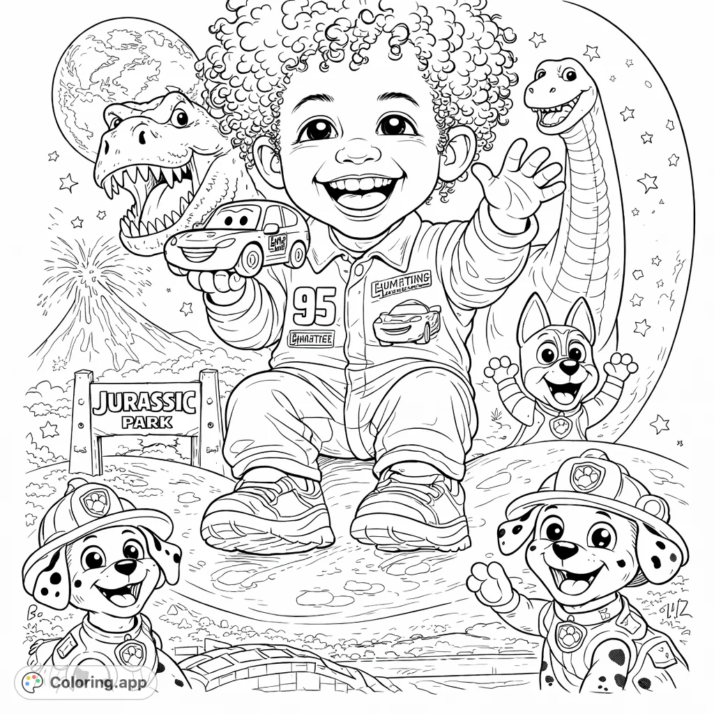 A joyful toddler on a moon with dinosaurs, cartoon friends, and a toy car. Explore a whimsical scene with starry skies and city lights.