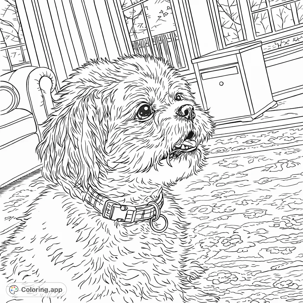 A charming Shih Tzu sits attentively in a cozy indoor setting, offering a delightful portrait for animal lovers to color and personalize.