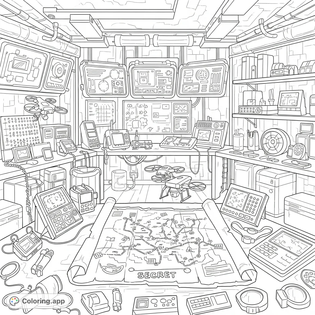 Dive into a thrilling Spy Ninjas hideout coloring page, featuring high-tech gadgets and a mysterious secret map. A free printable adventure awaits kids!