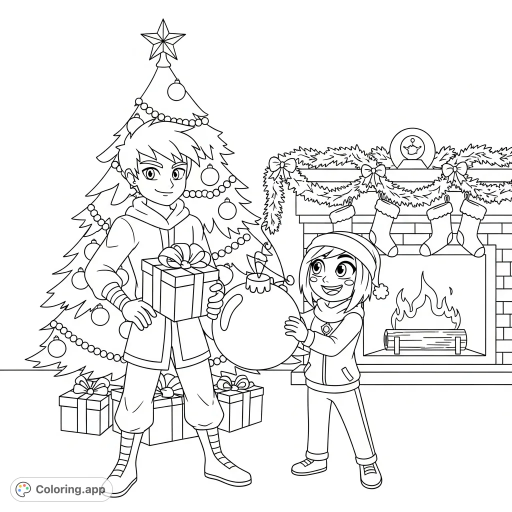 Join Spy Ninjas Chad and Vy in a festive Christmas coloring page scene, complete with presents, a decorated tree, and holiday cheer. Perfect for fans!