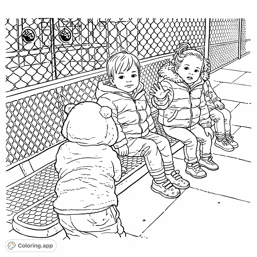 A delightful coloring page featuring four young children happily seated on a park bench, ready for creative expression. Perfect for all ages!