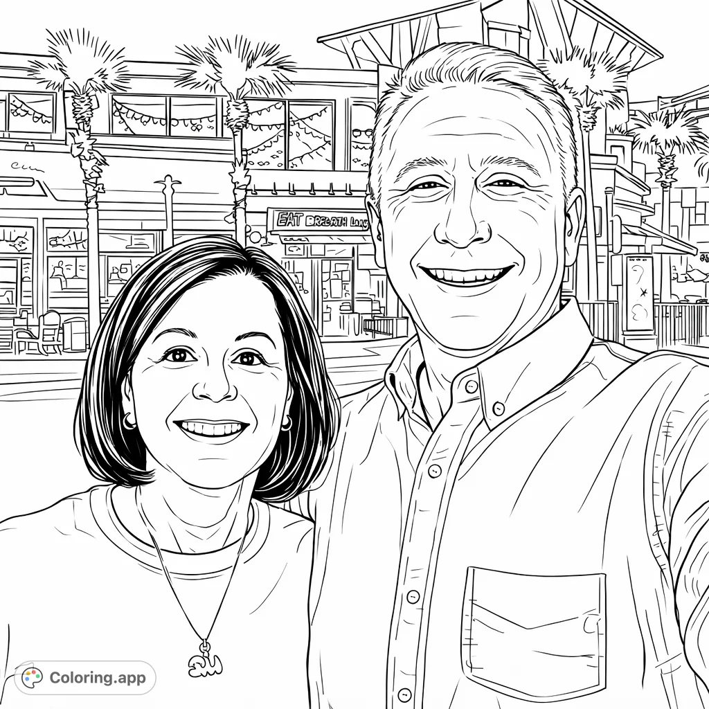 Capture the joy of a smiling couple against an illuminated city backdrop. This charming coloring page features intricate details of their expressions and the lively urban scene.