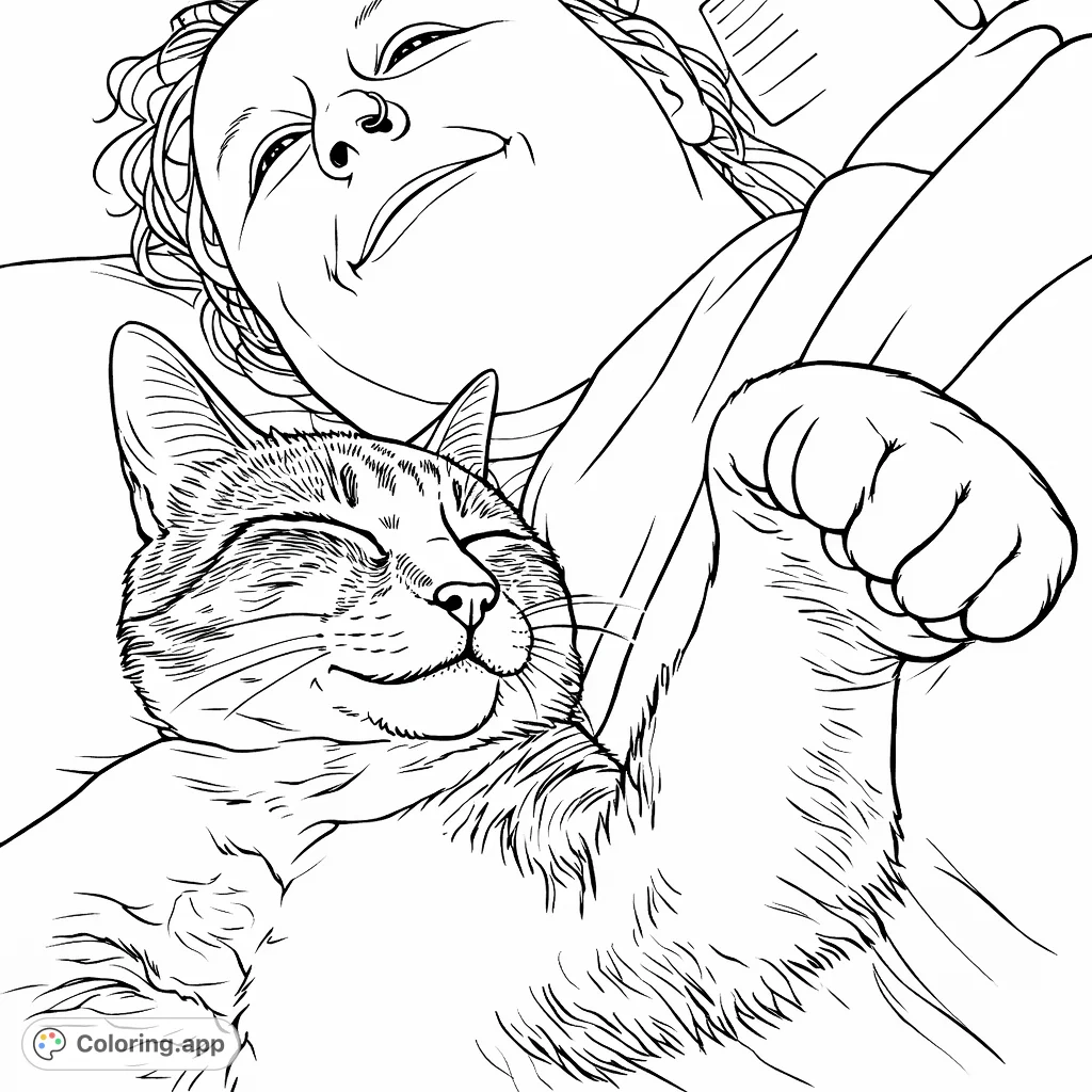 A heartwarming scene of a person peacefully cuddling with their sleeping feline friend. This pet cuddling coloring page is perfect for animal lovers.