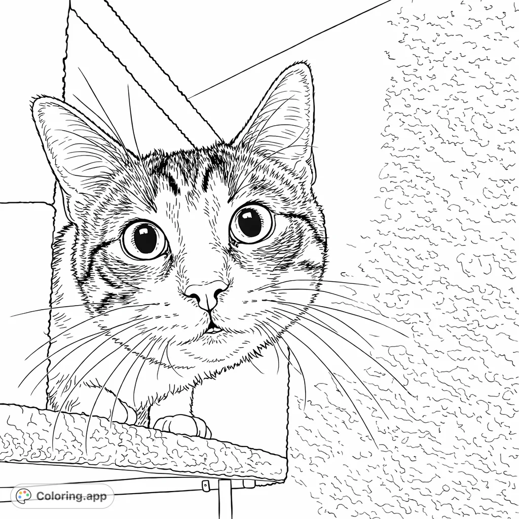 Discover this charming cat coloring page featuring a close-up of a curious feline with detailed fur, expressive eyes, and long whiskers. Perfect for animal lovers!