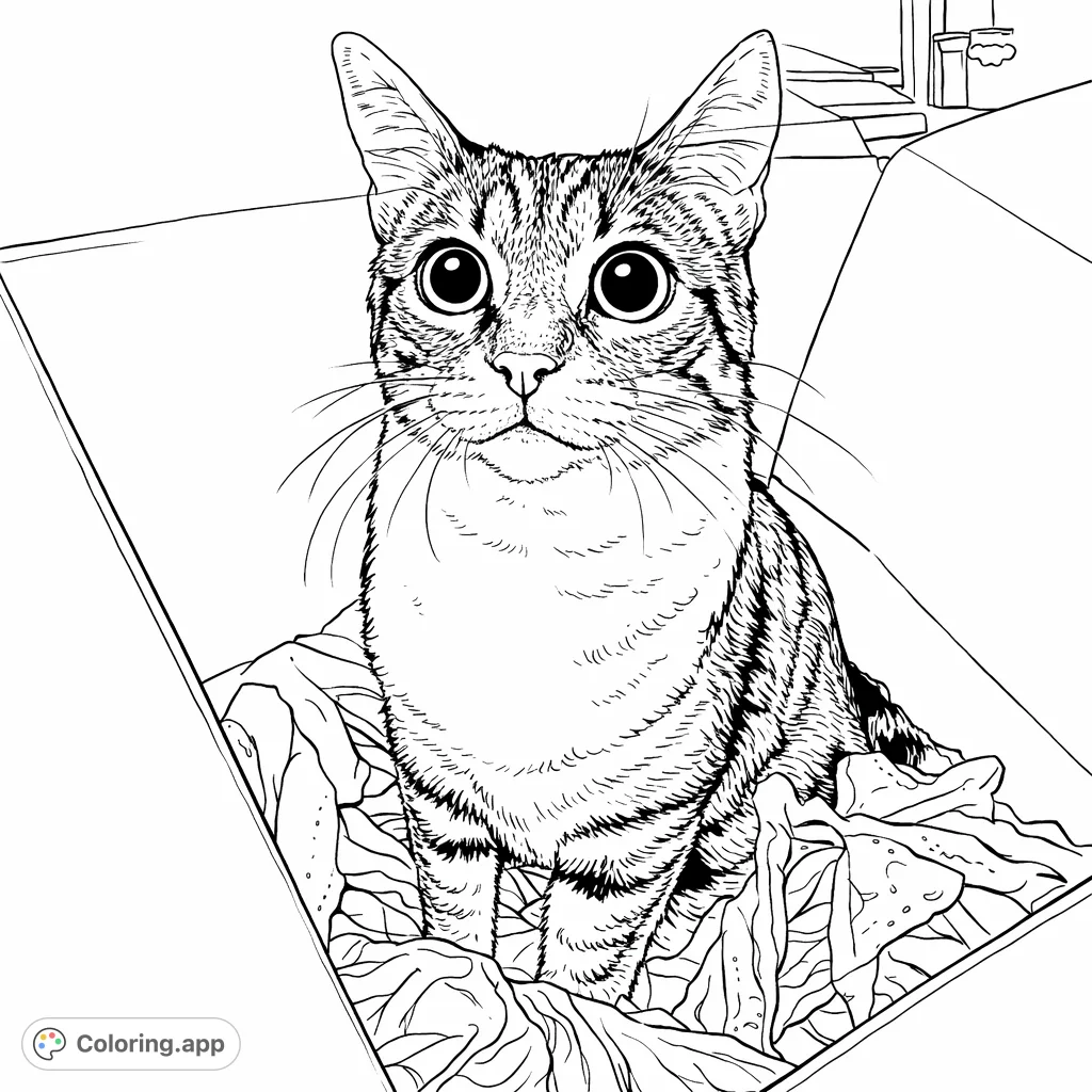 A charming cat sits patiently inside a cardboard box amidst soft items, gazing with wide, curious eyes. A delightful pet-themed coloring page.