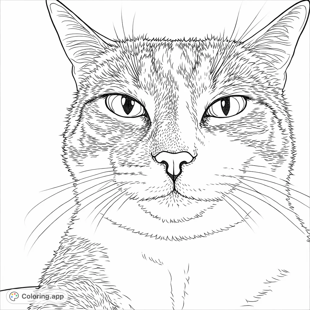 A detailed close-up of a cat's face, featuring expressive eyes, a delicate nose, and prominent whiskers, perfect for bringing to life with your favorite shades.