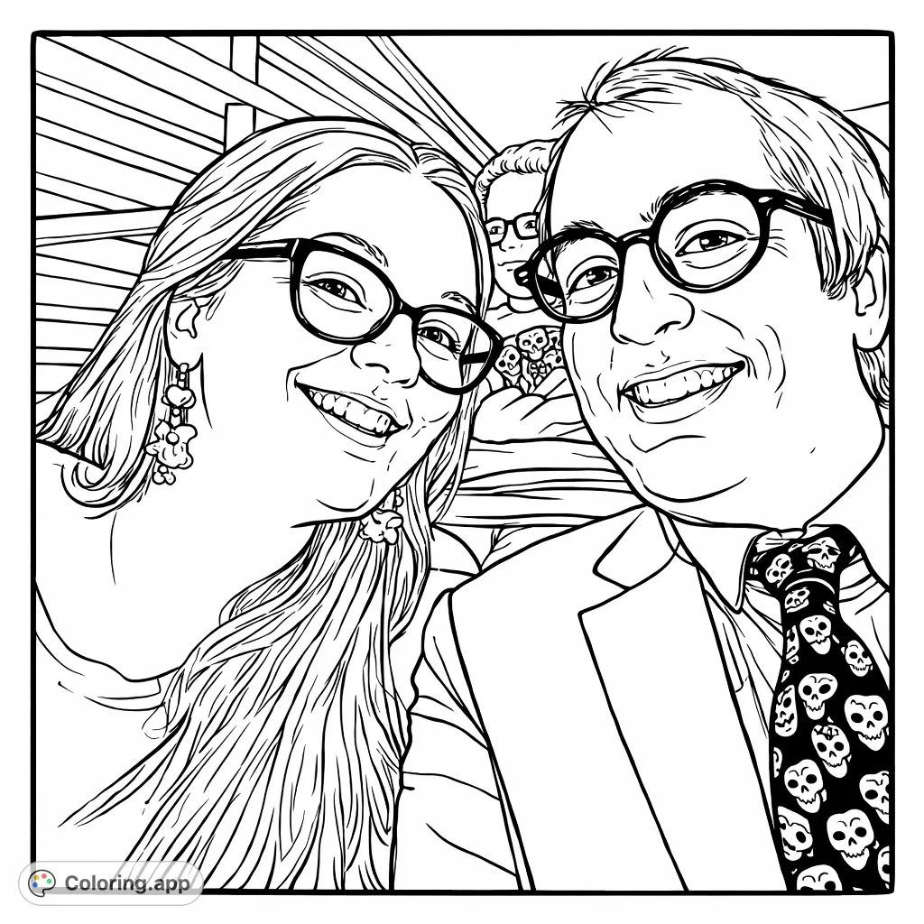 Capture joy with a smiling couple in glasses and a unique theater mask tie. Perfect for fans of performance and happy memories.