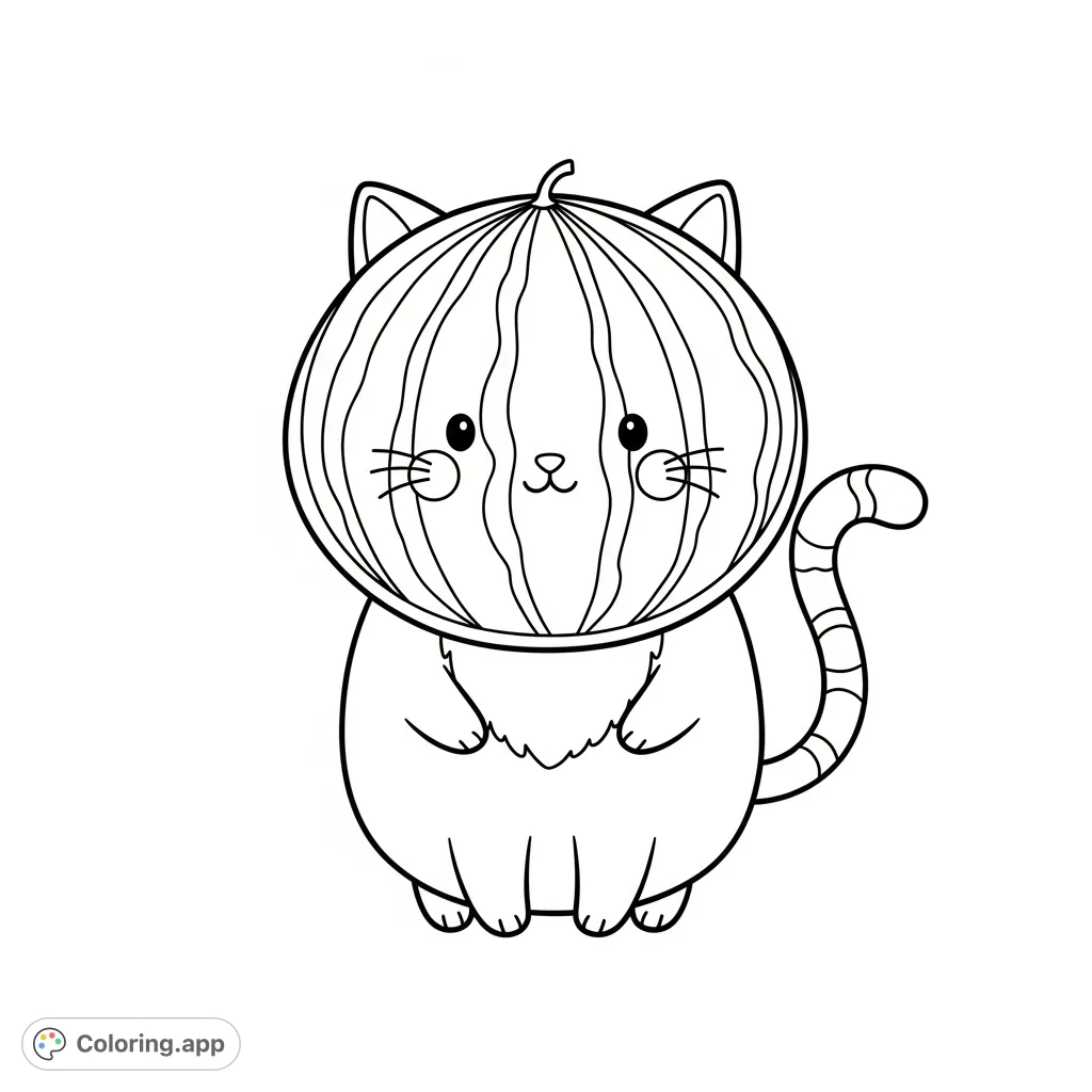 A delightful and free printable cute cat coloring page for kids, featuring a chubby cat with a whimsical watermelon head, perfect for imaginative coloring fun.