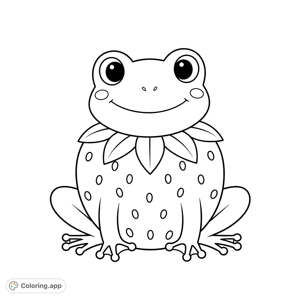 A delightful strawberry frog coloring page with a round head, friendly eyes, and a charming leafy collar, perfect for creative young colorists.