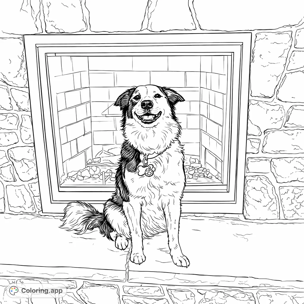 A delightful domestic canine sits happily by a rustic stone fireplace. This detailed dog coloring page offers intricate textures for a rewarding artistic experience.