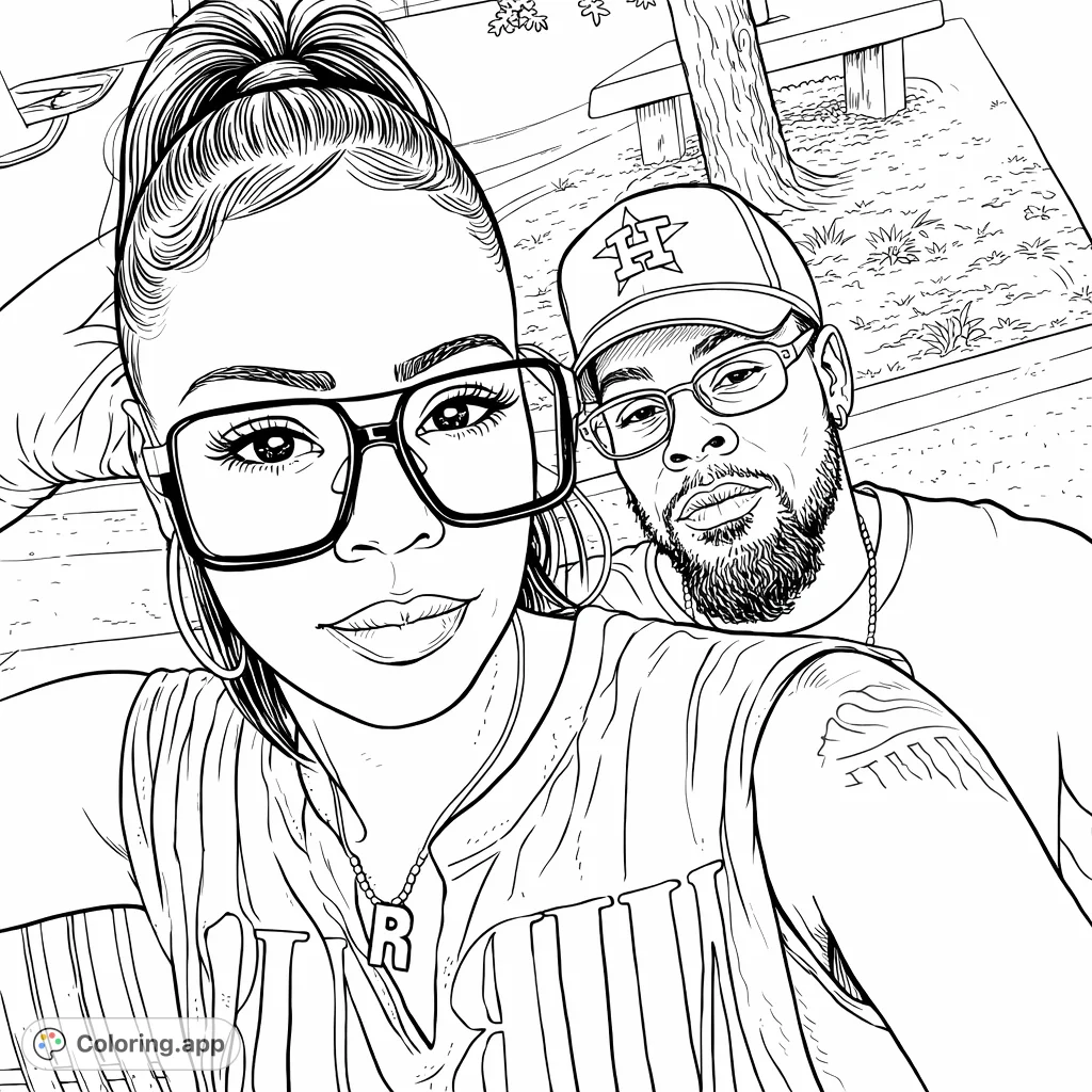Capture the essence of a modern couple with this stylish urban portrait coloring page, featuring detailed faces, accessories, and a contemporary vibe.