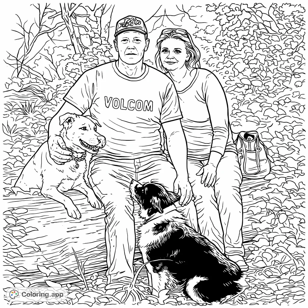 A heartwarming scene of a couple relaxing on a log with their two beloved dogs in a serene outdoor setting. Perfect for nature and animal lovers.