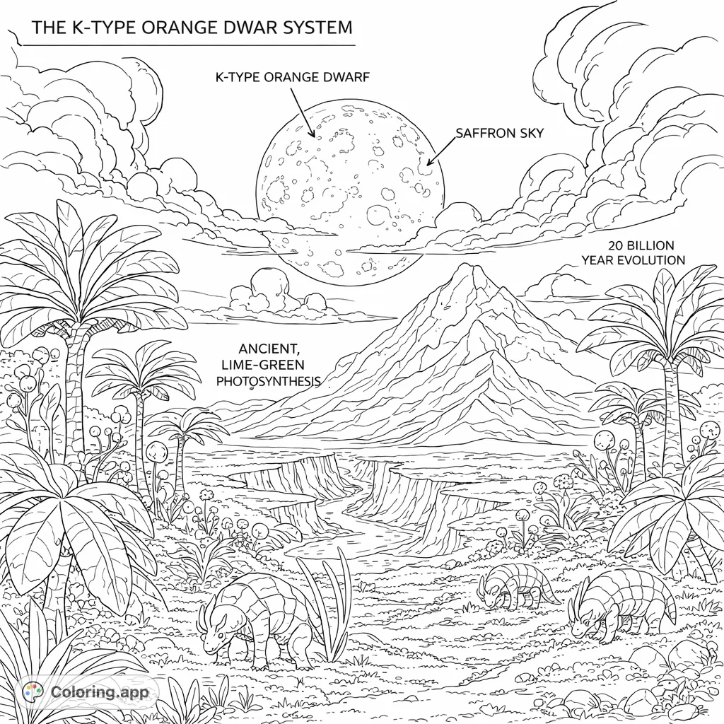 Explore an otherworldly landscape with exotic plants, unique creatures, and a vast celestial body. A challenging and imaginative coloring experience awaits.