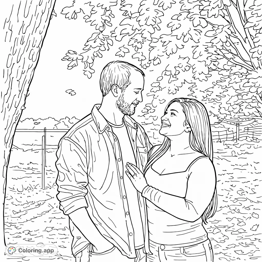 Capture a tender moment between a couple in an outdoor setting, featuring a loving gaze and textured foliage. A romantic coloring page for all ages.