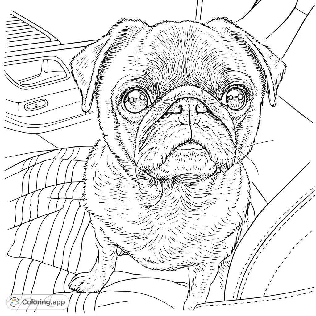 A delightful pug sits in a car seat, its expressive face and wrinkled features ready for your creative touch. Perfect for dog lovers of all ages!