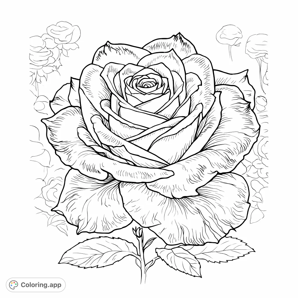 Immerse yourself in the intricate beauty of a blooming rose. This elegant flower with detailed petals offers a delightful coloring experience for all ages.