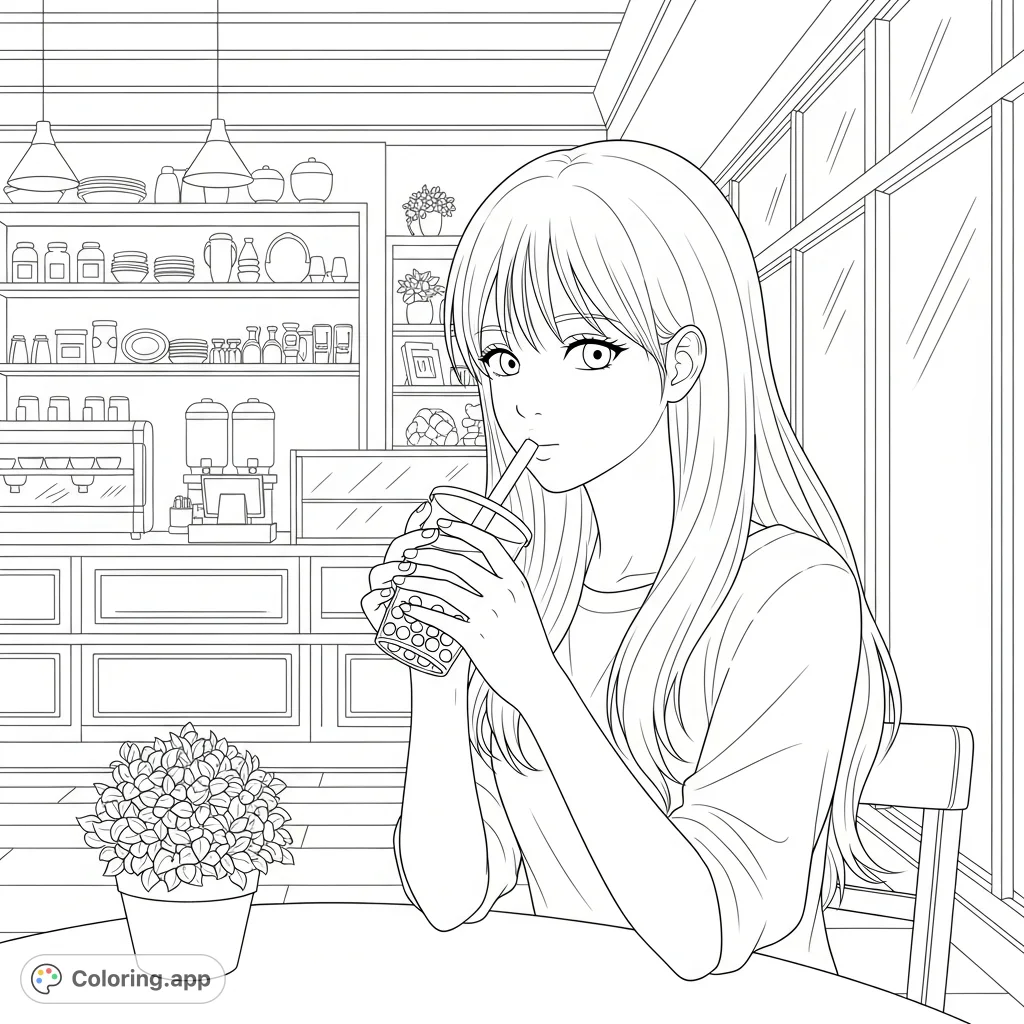 A charming anime girl enjoys boba in a cozy cafe setting. Her long hair frames her face as she sips, inviting a delightful coloring experience.