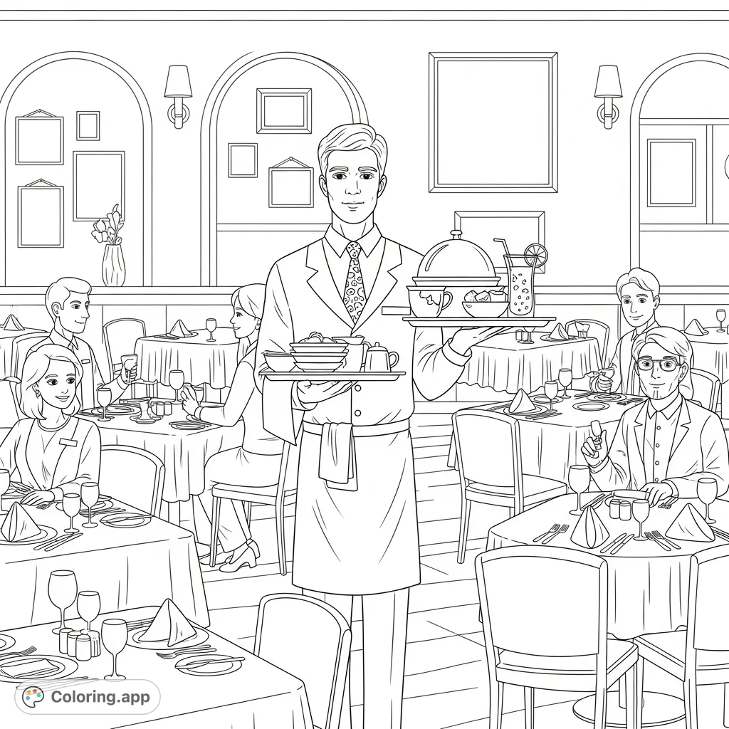 A detailed coloring page depicting a professional waiter serving in a lively restaurant, complete with diners, set tables, and intricate background details.