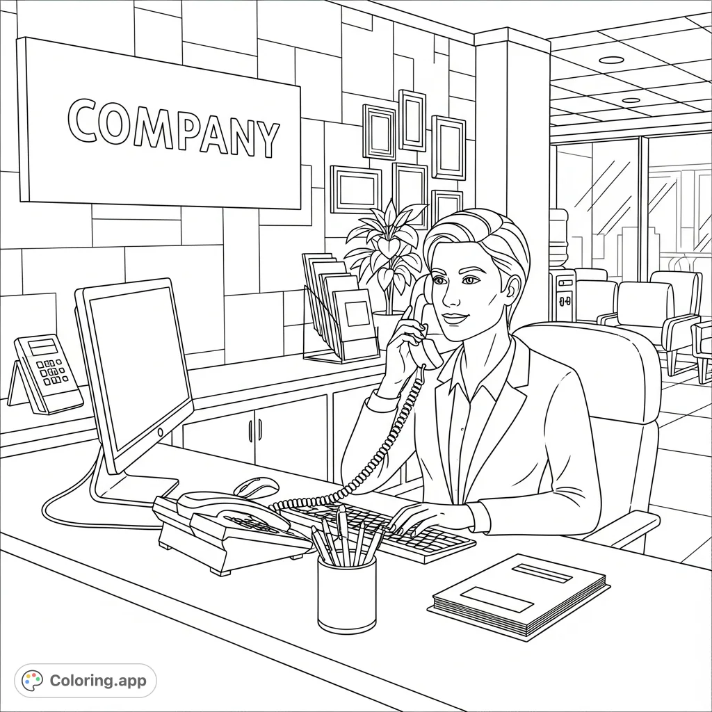 A detailed business office scene featuring a receptionist at a desk with a computer and phone, surrounded by professional office elements. Perfect for coloring and relaxation.