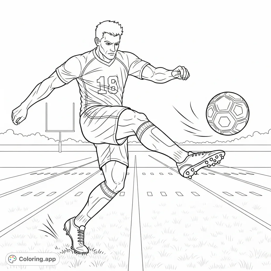 A thrilling football player coloring page capturing a dynamic athlete mid-kick on a detailed field with a classic football and distant goalpost. Perfect for sports fans!