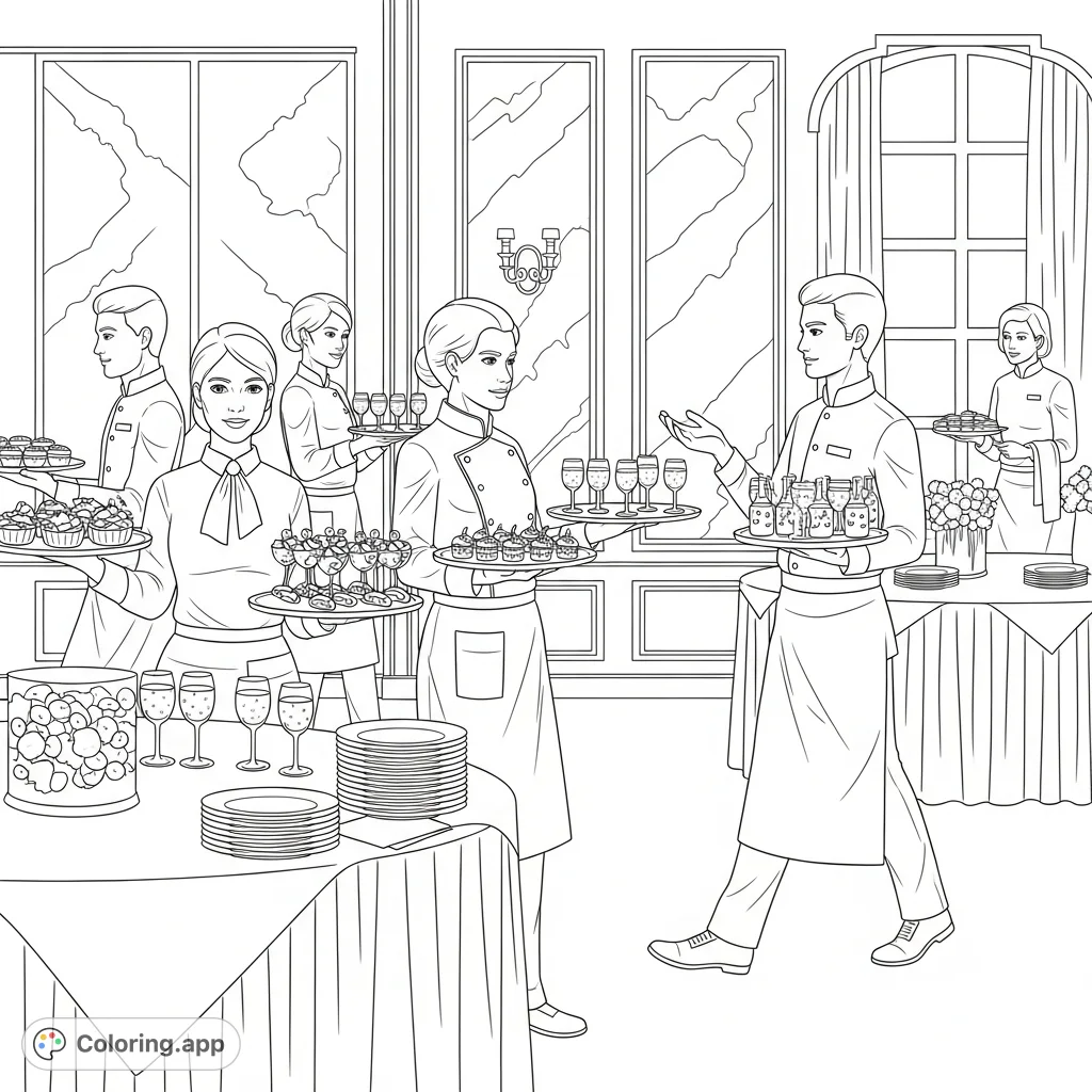 Step into the world of event planning with this detailed catering staff coloring page. Features uniformed servers, elegant tables, and delightful food items.