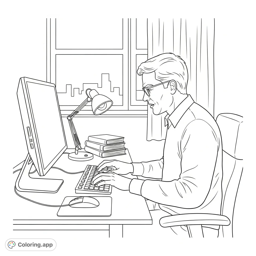 Capture the focused activity of a man typing intently on a desktop computer at his organized desk. A detailed scene perfect for personalizing with your creative touch.