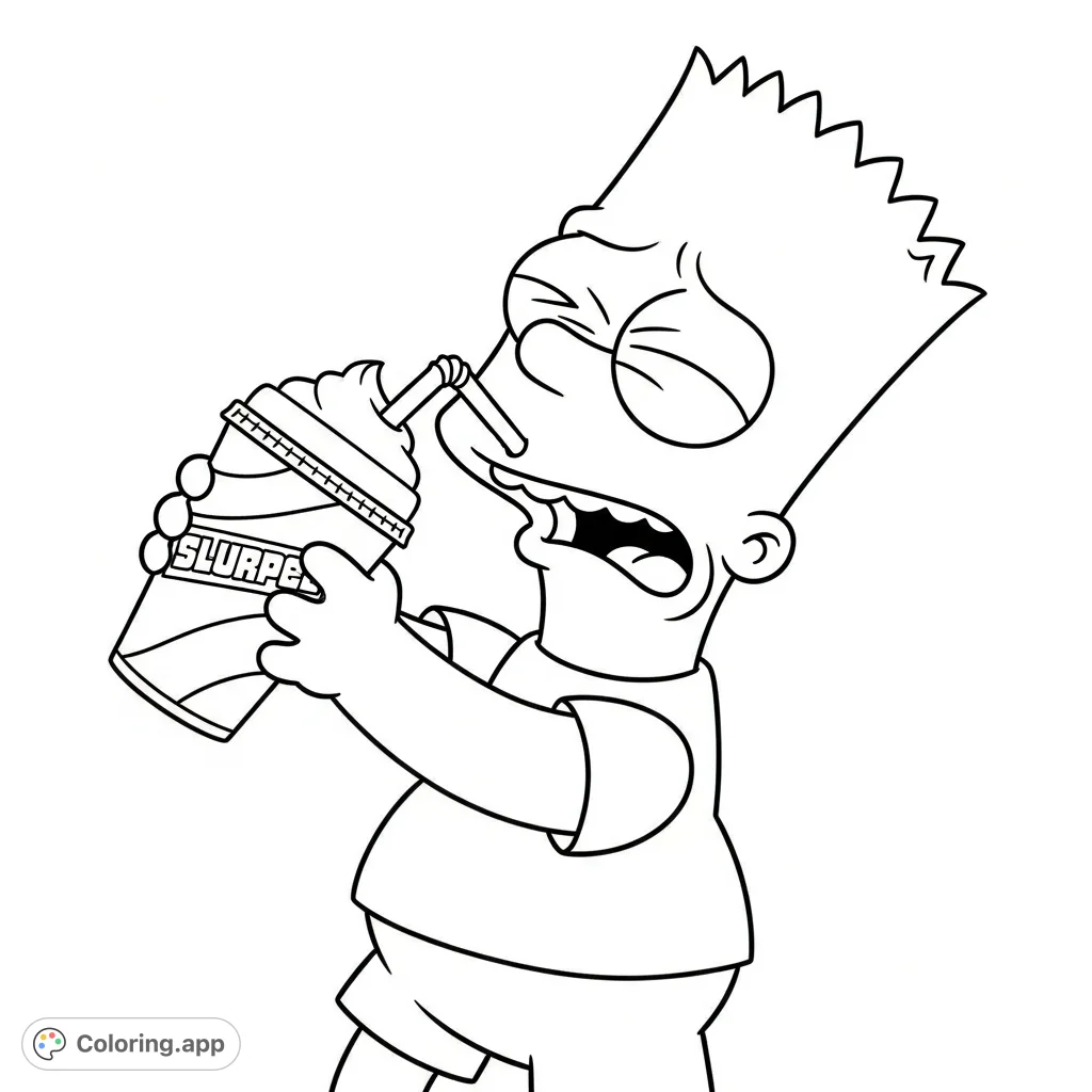 Join Bart Simpson as he faces the frosty consequences of a brain freeze after enjoying a Slurpee! A fun, free printable coloring page for all ages.