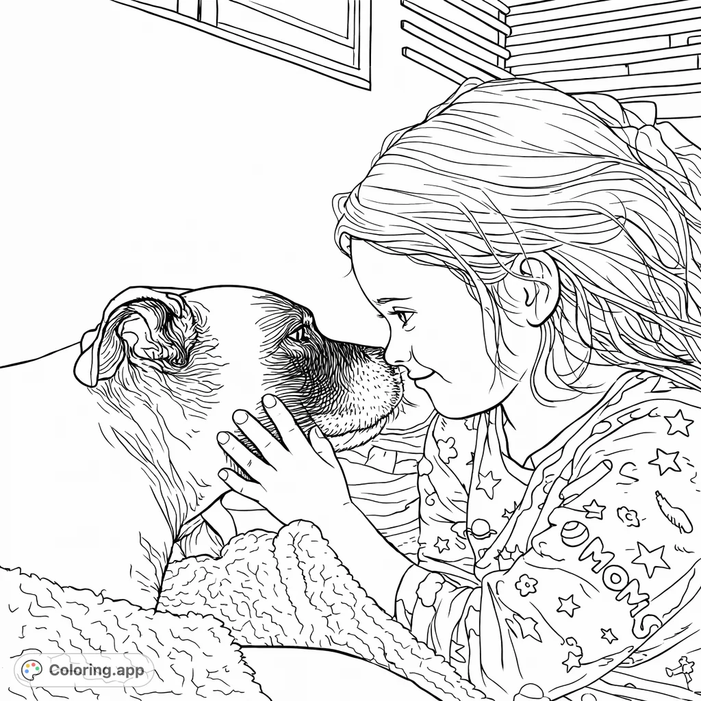 A heartwarming child and dog bonding moment, perfect for a peaceful coloring session. Featuring gentle interaction, patterned sleepwear, and a cozy setting.
