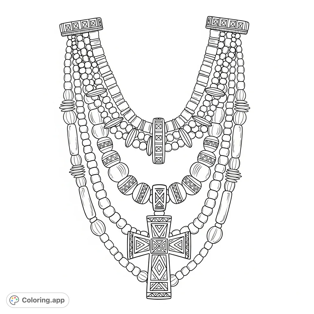 Discover an intricate African bead necklace coloring page, showcasing detailed strands of various beads and a striking central cross emblem. Perfect for cultural exploration!