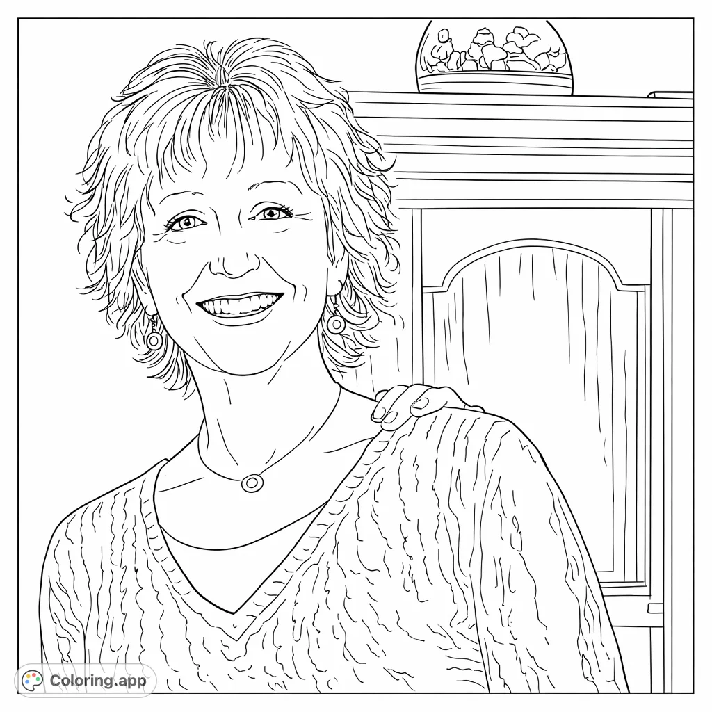 Capture the joy in this smiling woman portrait coloring page. Features wavy hair, elegant accessories, and a textured cardigan.