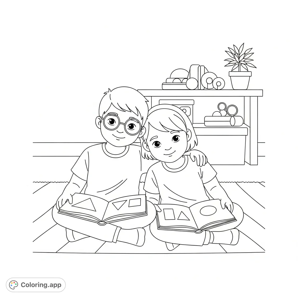 A heartwarming special needs siblings coloring page featuring two children sharing a quiet moment with a book. A beautiful portrayal of family love and connection.