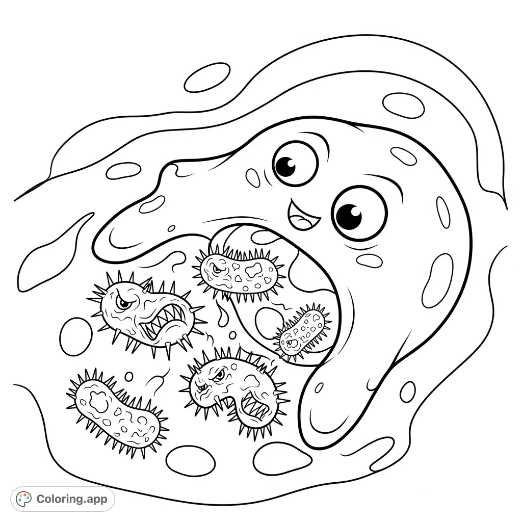 A whimsical neutrophil with googly eyes bravely engulfs menacing bacteria in a fun, educational coloring page perfect for young science enthusiasts.
