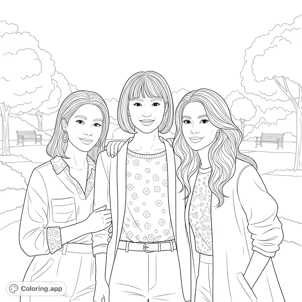 Capture the essence of friendship with three pals featuring short, shoulder-length, and long hair, striking a pose in a cheerful park setting.