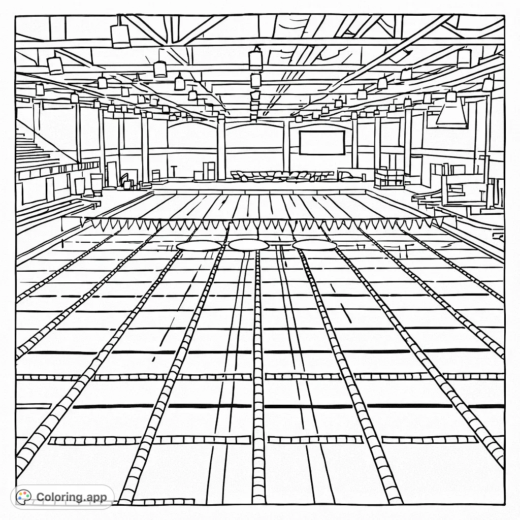 Dive into this detailed indoor swimming pool scene, featuring multiple lanes, starting blocks, and overhead lighting. Perfect for sports enthusiasts.
