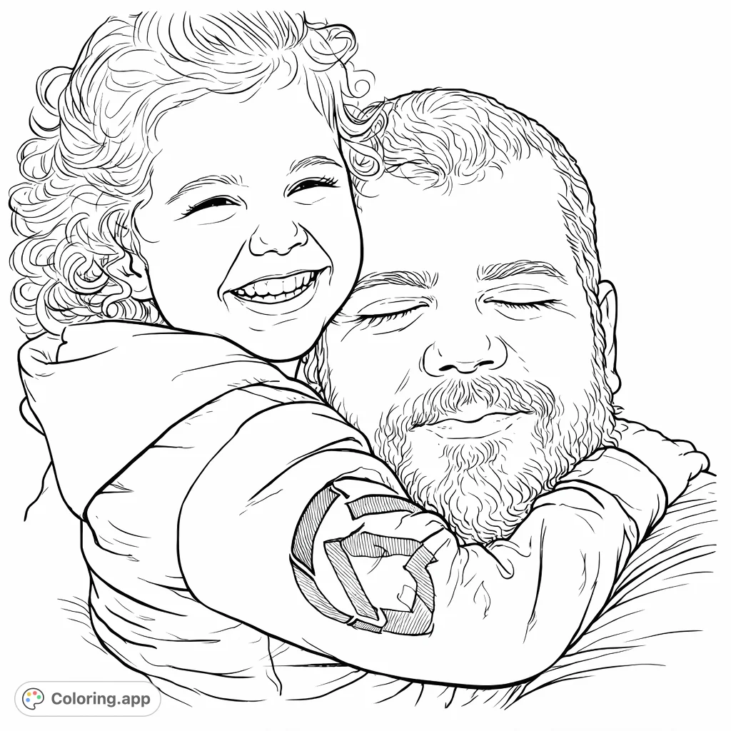 Capture pure joy with this heartwarming father and child embrace coloring page, featuring expressive smiles and tender affection.