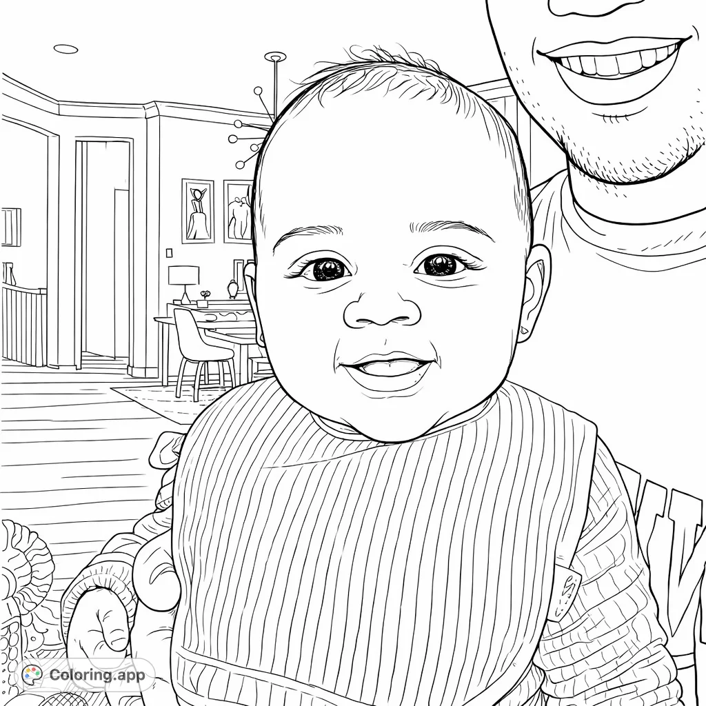 A delightful baby, smiling cheerfully with large eyes, wearing a ribbed bib. This heartwarming scene captures a moment of joy, perfect for a free printable baby coloring page.