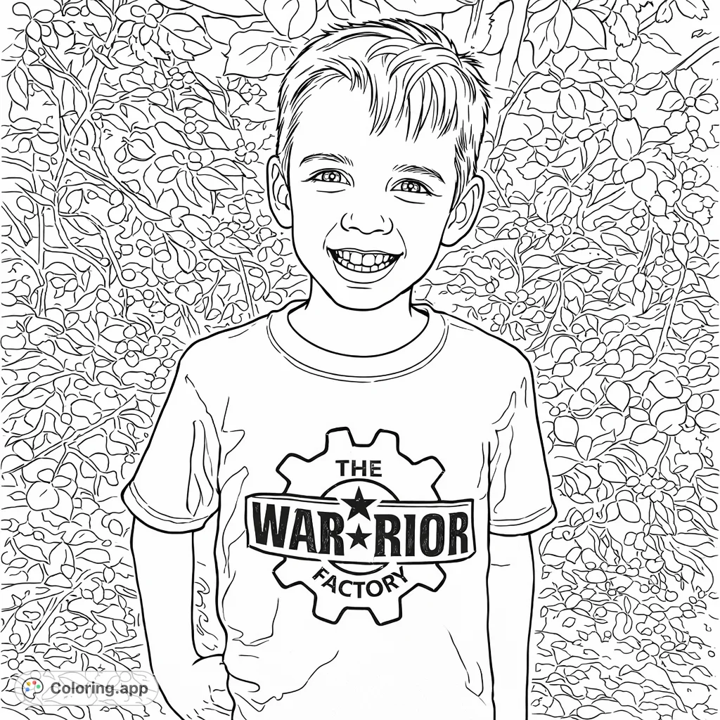 A cheerful boy in a warrior-themed t-shirt smiles broadly, standing against a backdrop of dense foliage, inviting creative coloring for all ages.