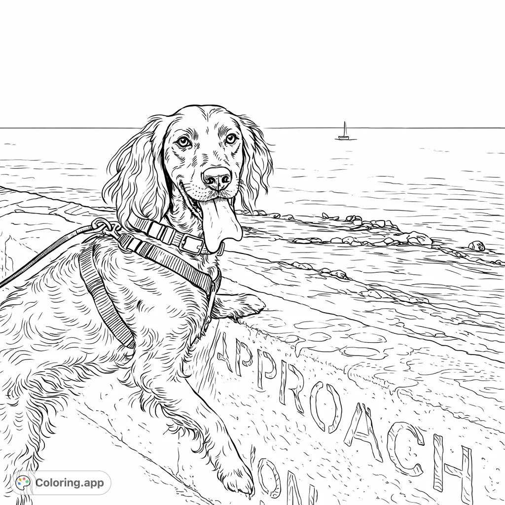 A cheerful dog on a coastal wall, looking out at the ocean with rocks and a distant boat. A delightful scene for dog lovers.