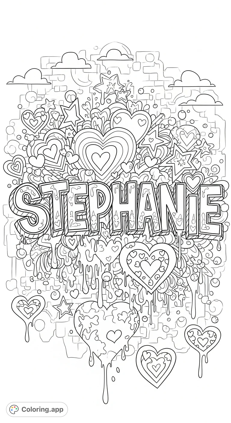 Dynamic graffiti art featuring the name "Stephanie" with intricate patterns, stars, hearts, drips, and urban wall textures. A cool, personalized design.
