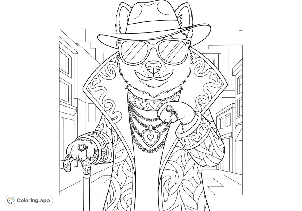 A stylish dog character in a fedora, elaborate coat, and sunglasses, holding a heart locket. Perfect for adult colorists exploring unique personalities.