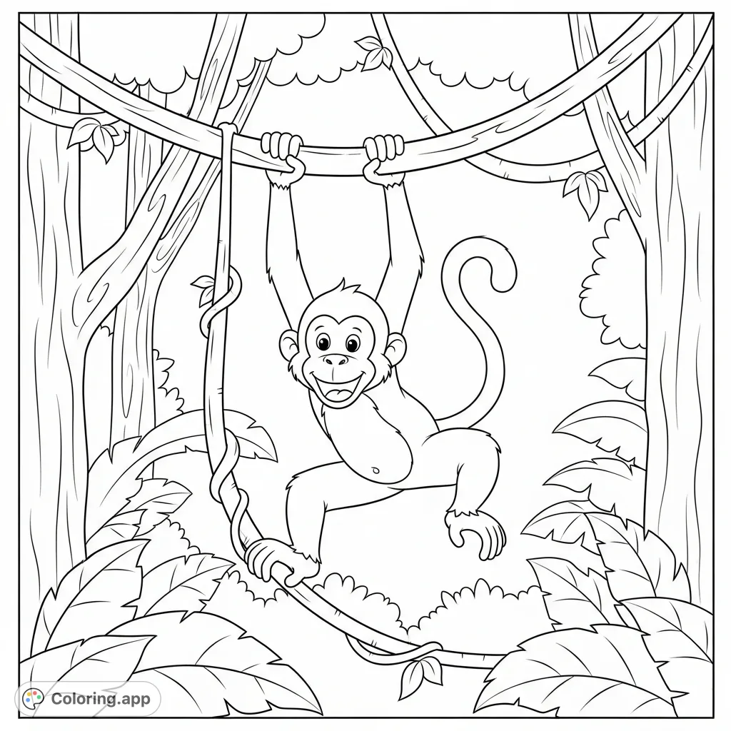 A cheerful monkey swings joyfully on a sturdy vine amidst lush jungle foliage. This fun, free printable monkey coloring page is perfect for all ages.