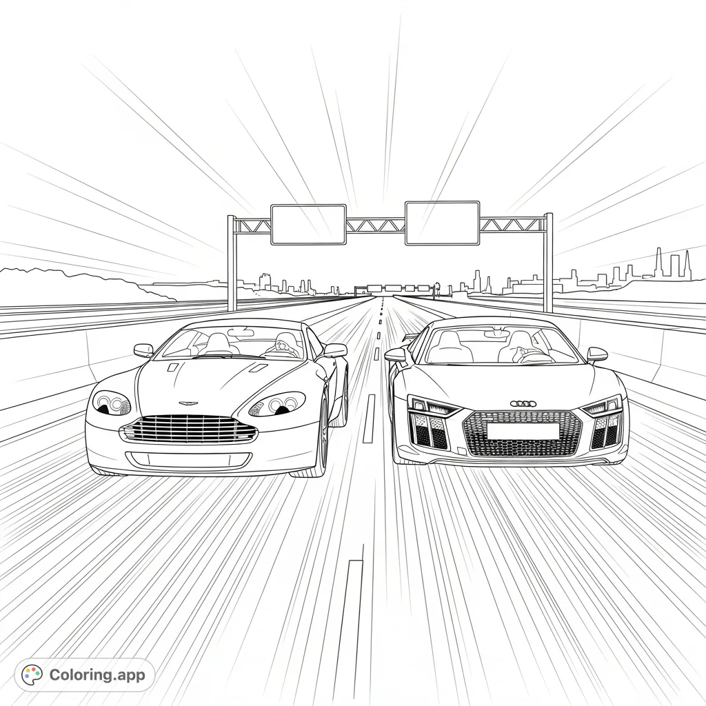 Experience the thrill of a high-speed Aston Martin and Audi R8 race on a dynamic freeway, perfect for car enthusiasts and speed lovers.