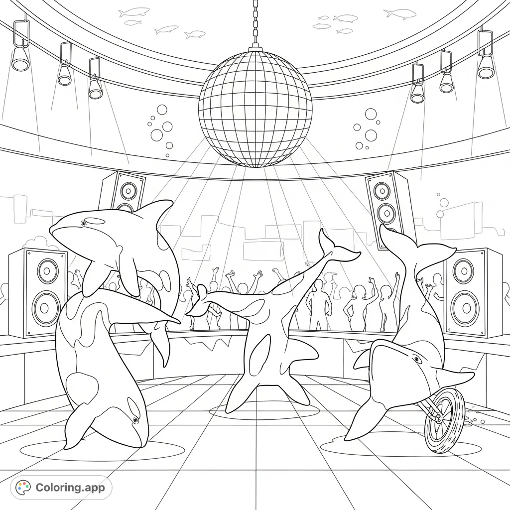 Dive into fun with this lively coloring page featuring killer whales showcasing their epic breakdancing moves on a bustling club dance floor under a dazzling disco ball.