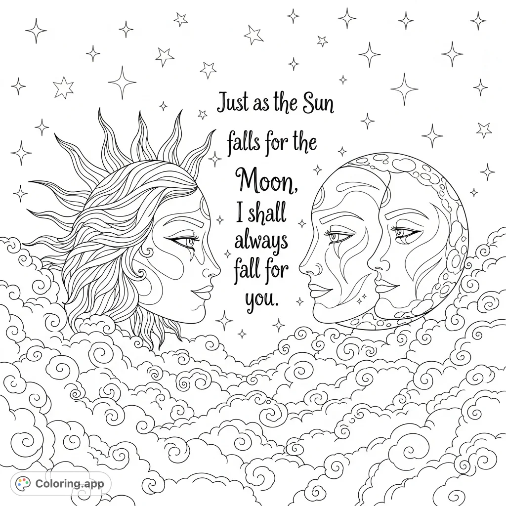 An intricate, dreamy celestial coloring page featuring personified Sun and Moon faces amidst fluffy clouds, stars, and a romantic quote. Perfect for adults.